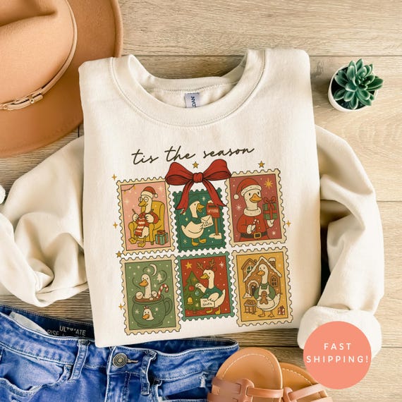Christmas Goose Postage Stamp Sweatshirt, Tis the Season Retro Holiday Crewneck, Silly Goose Xmas Gift, Cute Santa Goose Pullover