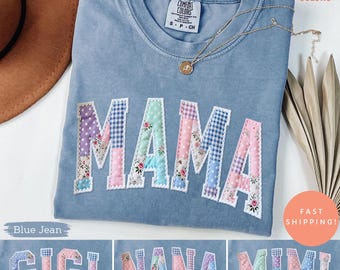 Comfort Colors Faux Patchwork Floral Mama Shirt, Varsity Mama Tee, Cottagecore Floral Mom Shirt, Preppy Mama Graphic Tee, Mom Gift