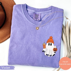 Comfort Colors Ghost Drinking Coffee Shirt, Cute Halloween Coffee Lovers Tee, Pumpkin Coffee Ghost Shirt, Spooky Season Outfit