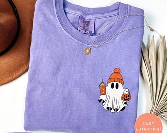 Chemise café fantôme couleurs confort, t-shirt mignon Halloween pour amateurs de café, chemise fantôme café citrouille, tenue de saison effrayante