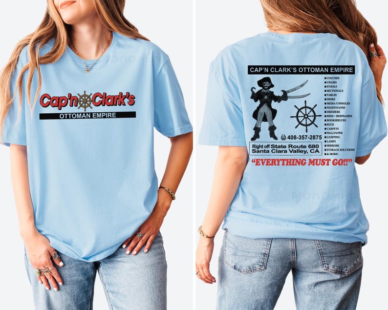 Chemise Empire ottoman du capitaine Clark, t-shirt graphique vintage de magasin de meubles de pirate rétro, t-shirt drôle d'humour de vacances recto-verso image 3