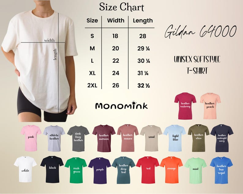 May include: A white Gildan 64000 unisex softstyle t-shirt with a size chart. The chart shows sizes S-2XL with width measurements from 18 to 26 inches and lengths from 28 to 32.5 inches. Various t-shirt colors are displayed.