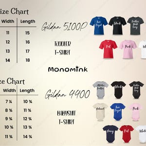 Peut inclure: Un tableau des tailles pour les t-shirts pour tout-petits Gildan 5100P et les bodys Gildan 4400 de Monomink. Le tableau indique les tailles 2T-5T et NB-24M avec largeur et longueur en pouces. Inclut des &eacute;chantillons de couleurs pour les deux styles.