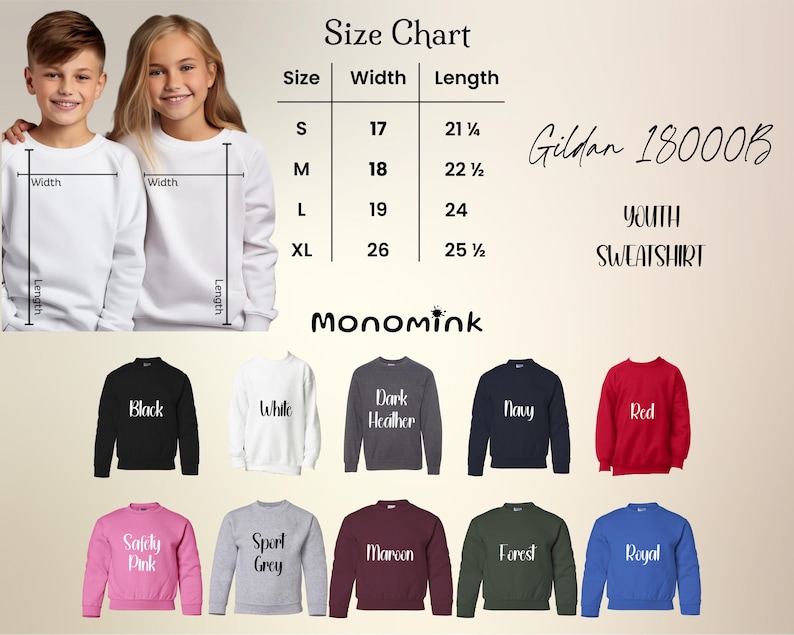 May include: A youth sweatshirt size chart with measurements in inches. The chart includes sizes S, M, L, and XL, with corresponding width and length measurements. The image also displays various sweatshirt colors, including black, white, navy, and red.