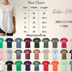Peut inclure: Un tableau des tailles pour t-shirt unisexe Gildan 64000 affichant les mesures de largeur et de longueur en pouces pour les tailles S &agrave; 2XL. Sous le tableau, une grille pr&eacute;sente 27 options de couleurs de t-shirts avec leurs noms respectifs.
