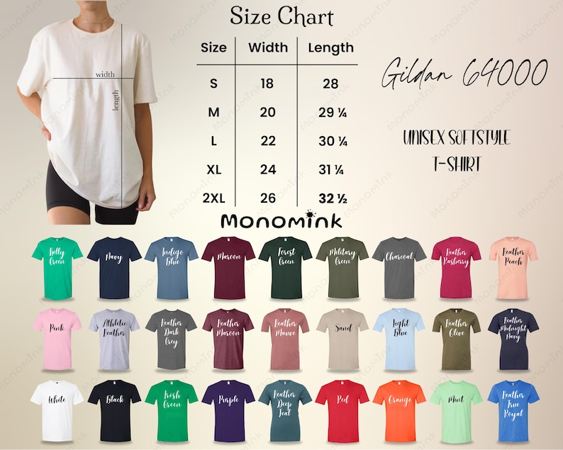 Peut inclure: Un tableau des tailles pour t-shirt unisexe Gildan 64000 affichant les mesures de largeur et de longueur en pouces pour les tailles S &agrave; 2XL. Sous le tableau, une grille pr&eacute;sente 27 options de couleurs de t-shirts avec leurs noms respectifs.