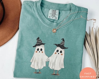 Comfort Colors® Witch Ghost Shirt, Cute Halloween Shirt for Women, Spooky Season Tee, Retro Fall Ghost T-Shirt, Cozy Halloween Gift Tee