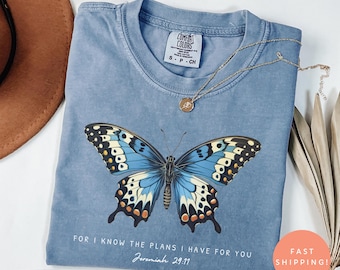 Camiseta Comfort Colors® Jeremías 29:11, camiseta con versículo bíblico y mariposa, camiseta de fe cristiana, regalo religioso para ella, camiseta con las Escrituras