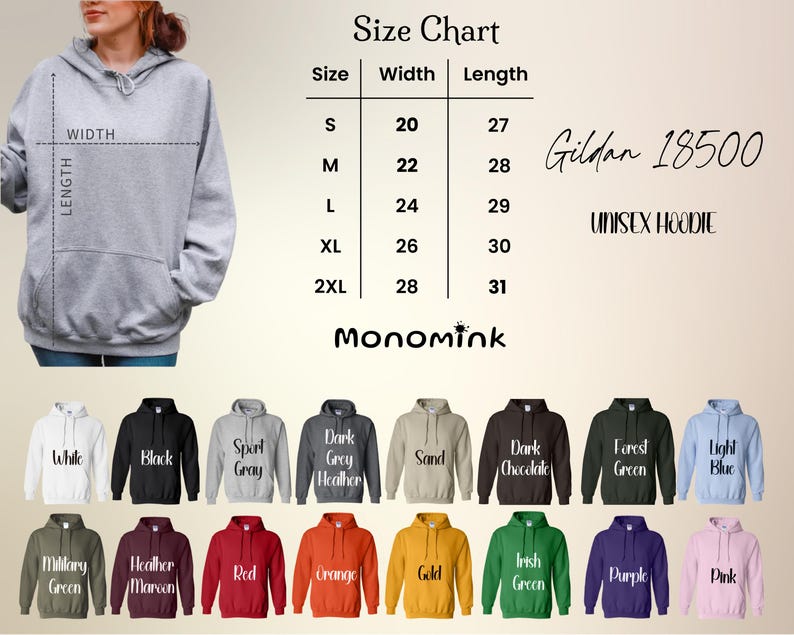 May include: A light gray unisex hoodie with a front pocket and hood. The image includes a size chart with measurements in inches and a color palette of available hoodies, including black, red, and green. The text "Gildan 18500" is visible.