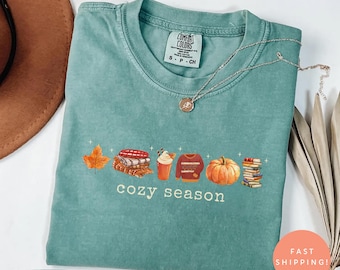 Comfort Colors® Cozy Season Shirt, Fall Books Pumpkin Latte Tee, Autumn Coffee Lover Top, Cute Bookish Graphic Sweater Weather Outfit