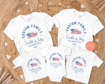 Aangepaste familie 4 juli shirts, gepersonaliseerde 4 juli bijpassende T-shirts, Independence Day familie-outfit, patriottische viering 2025