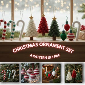 May include: A set of handmade Christmas ornaments, including candy canes, Christmas trees, and bulb ornaments. The ornaments are in red, green, and white. The text "CHRISTMAS ORNAMENT SET" and "4 PATTERN IN 1 PDF" are displayed.