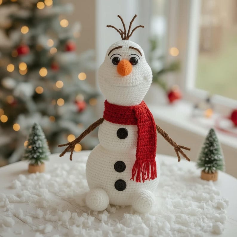 May include: A crocheted snowman with a red scarf, black button details, and twig arms. The snowman has an orange carrot nose and a smiling face. The snowman is sitting on a white surface with small decorative Christmas trees in the background.