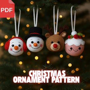 May include: Four handmade crochet Christmas ornaments hanging from a tree. The ornaments include a snowman, a reindeer, and a cupcake. The ornaments are white, red, brown, and pink with black embroidered details. The text "CHRISTMAS ORNAMENT PATTERN" is displayed.