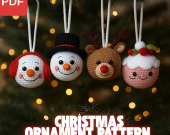 May include: Four handmade crochet Christmas ornaments hanging from a tree. The ornaments include a snowman, a reindeer, and a cupcake. The ornaments are white, red, brown, and pink with black embroidered details. The text "CHRISTMAS ORNAMENT PATTERN" is displayed.