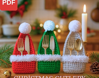 Patron de porte-couverts au crochet en forme de bonnet de Noel | Décoration de table de Noël (PDF)