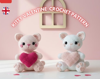 Wzór na szydełkowego kota – Walentynkowy kotek amigurumi z sercem (PDF, do pobrania natychmiast, dla początkujących)