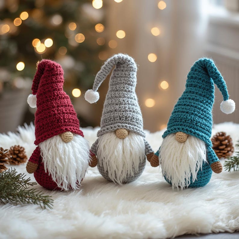 May include: Three handmade crochet gnomes in red, gray, and teal. Each gnome has a long, white beard, a small, tan nose, and a pointed hat with a white pom-pom. They are displayed on a white, fluffy surface.