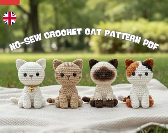 May include: Four crocheted cat figurines in various colors, including white, tan, and brown, are displayed on a white blanket. The cats have different patterns and markings. Text at the top reads "NO-SEW CROCHET CAT PATTERN PDF".