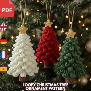 Patrón de árbol de Navidad a crochet en PDF / Decoración navideña amigurumi fácil / Tutorial de conjunto de adornos de árbol con volantes