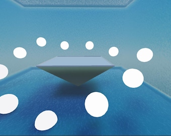 Puede incluir: Arte digital abstracto que presenta una forma de diamante geométrico rodeada de círculos blancos, sobre un fondo azul degradado. El diseño tiene una estética futurista y minimalista, con una sensación de profundidad y dimensión.