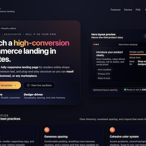Könnte beinhalten: Dunkles Website-Design für eine E-Commerce-Landingpage. Das Design zeigt eine Überschrift mit der Aufschrift „Starten Sie eine hochkonvertierende E-Commerce-Landingpage in Minuten“. Die Website ist für Shopify-Verkäufer konzipiert.