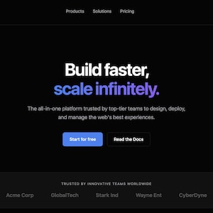 Può includere: Una pagina di destinazione del sito Web per NexTech, con uno sfondo scuro e testo bianco e viola. Il titolo recita "Costruisci più velocemente, scala all'infinito". I pulsanti offrono opzioni per "Inizia gratis" e "Leggi i documenti".