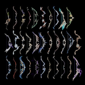 May include: A selection of fantasy bows with detailed designs. The bows are in various colours, including gold, silver, blue, green, and purple. Each bow has a unique shape and decorative elements, suggesting a theme of weaponry or fantasy.