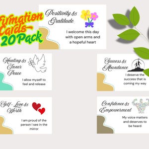 Tarjetas de Afirmaciones Imprimibles: 20 Tarjetas de Amor Propio, Confianza, Sanación, Éxito y Gratitud (A4 y Carta EE. UU.)