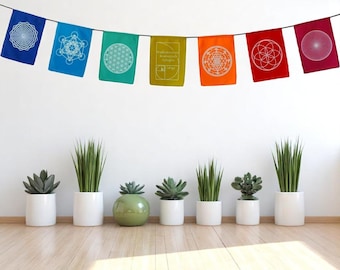 Sacred Geometry Prayer Flags, Handmade Affirmation Flags, Meditation Banner, Yoga Prayer Decor, Boho Wall Hanging