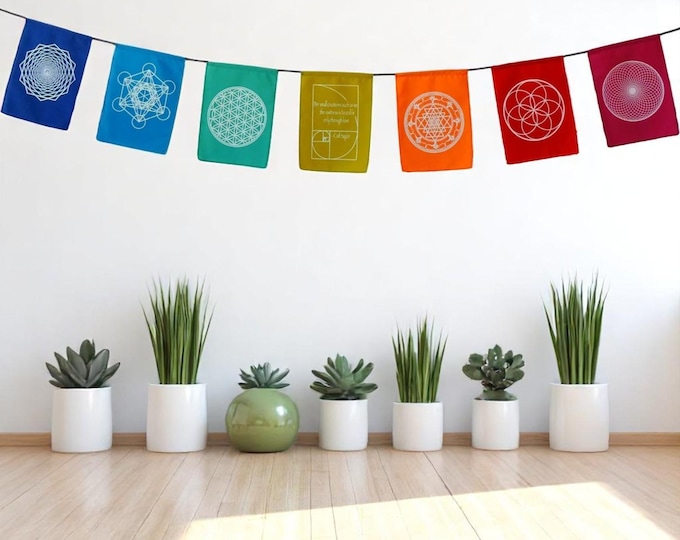 Sacred Geometry Prayer Flags: Rainbow Shri Yantra, Flower of Life (9x12")