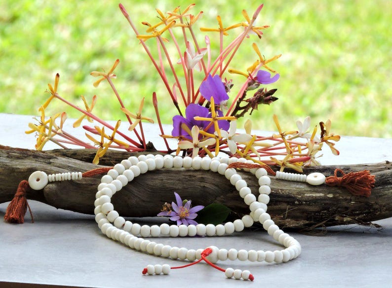 White Yak Bone Tibetan 108 Bead Mala 108 with Bone Counters