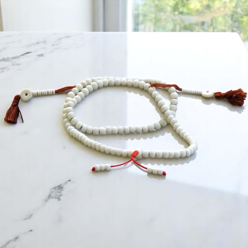 White Yak Bone Tibetan 108 Bead Mala 108 with Bone Counters