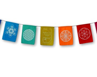 Sacred Geometry Prayer Flags Positive Energy Shri Yantra flower of life, 6X8"