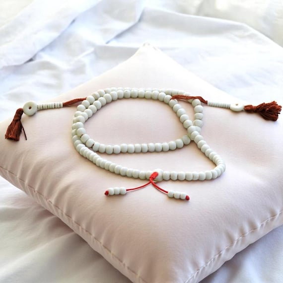 White Yak Bone Tibetan Mala: 108 Bead Prayer Beads