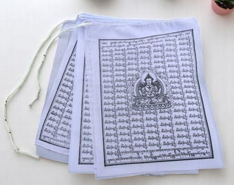 Buddha of Compassion Prayer Flags: White Tibetan Decor, Handmade in Nepal (Set of 10)