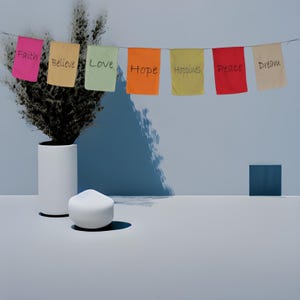 May include: A white vase with dried flowers and a white round object on a white surface. A string of colorful flags hangs above the vase with the words "Faith", "Believe", "Love", "Hope", "Happiness", "Peace", and "Dream" written on them.