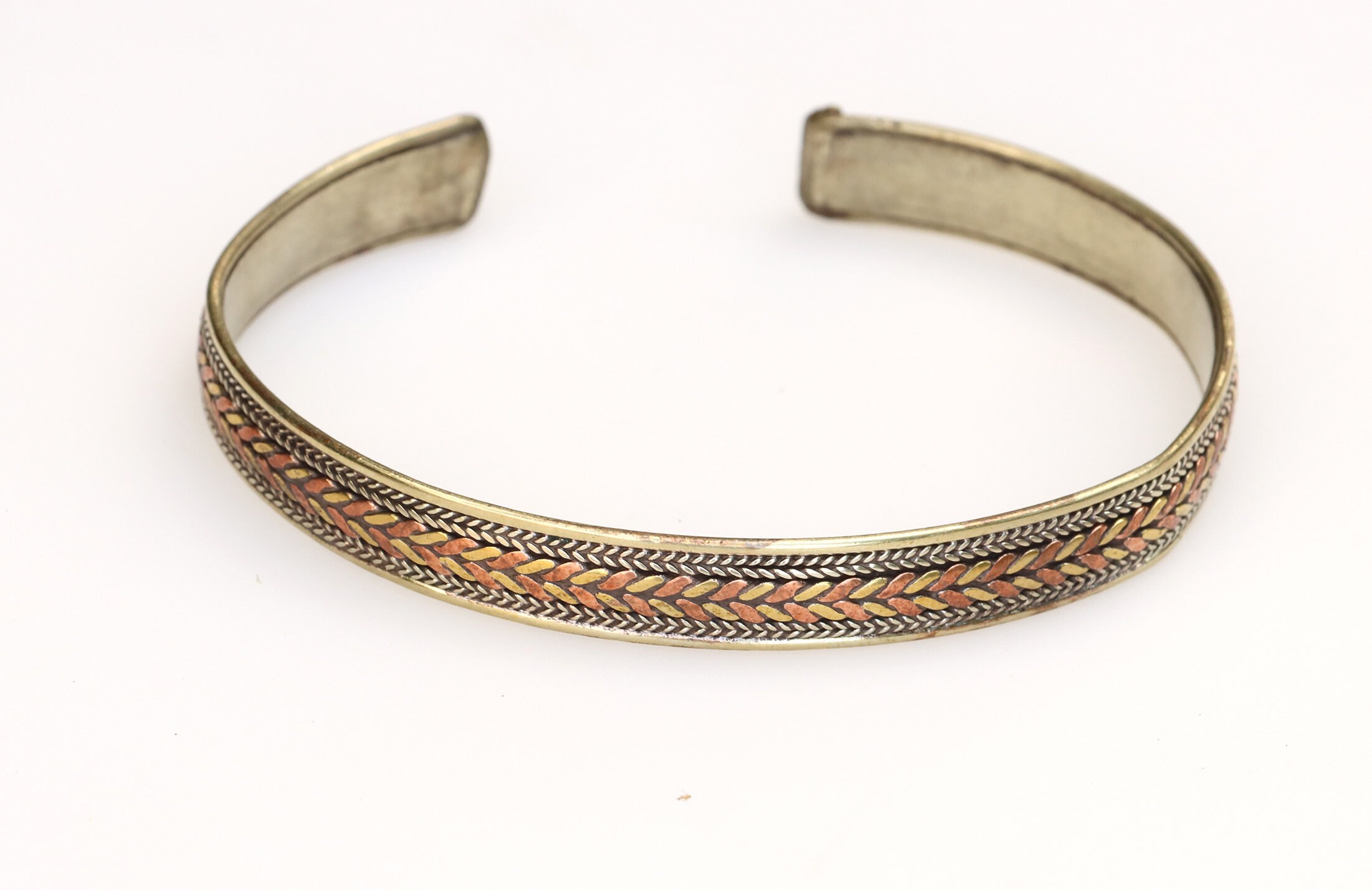 Tibetan 3-Color Copper Delicately Braided Thread Symmetric Amulet Cuff Bracelet 