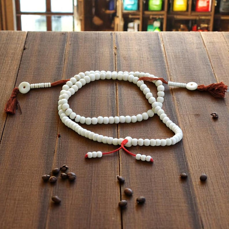White Yak Bone Tibetan 108 Bead Mala 108 with Bone Counters