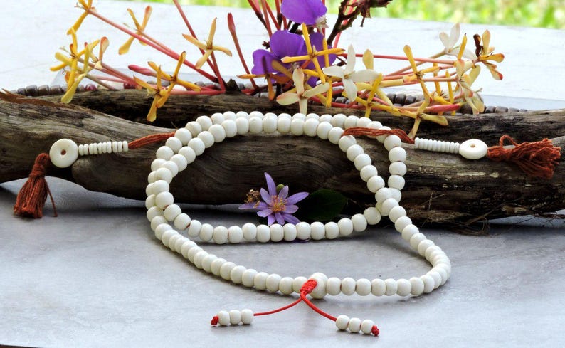 White Yak Bone Tibetan 108 Bead Mala 108 with Bone Counters