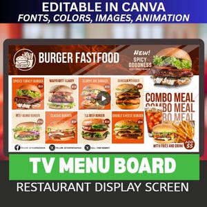 Animated Restaurant Menu Template: Editable Digital TV Display (Canva, Instant Download)