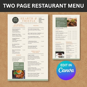 Plantilla de menú de restaurante moderno de dos páginas: editable en Canva / descarga digital