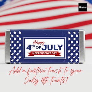 Ready to Print Happy 4th of July party favor, Chocolate Wrapper Printable Patriotic Candy Labels – Independence Red White & Blue Gift Prints