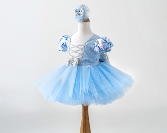 Puede incluir: Un vestido tutú azul claro con una diadema a juego. El corpiño presenta detalles plateados y blancos, con mangas abullonadas adornadas con flores blancas. La falda está hecha de capas de tul suave. Un atuendo de ballet para niños.