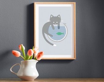 Cat & Fishbowl -Risograph Printed A4 Wall Art - Wall Decor - 21x30cm