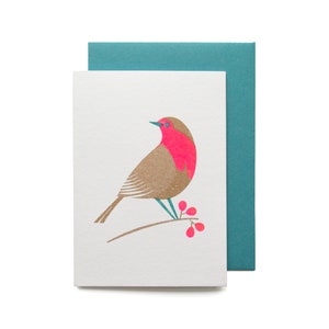 Robin - Mini Nostalgic Christmas Card - Modern Pink Risograph Holiday Card - Cute Robin