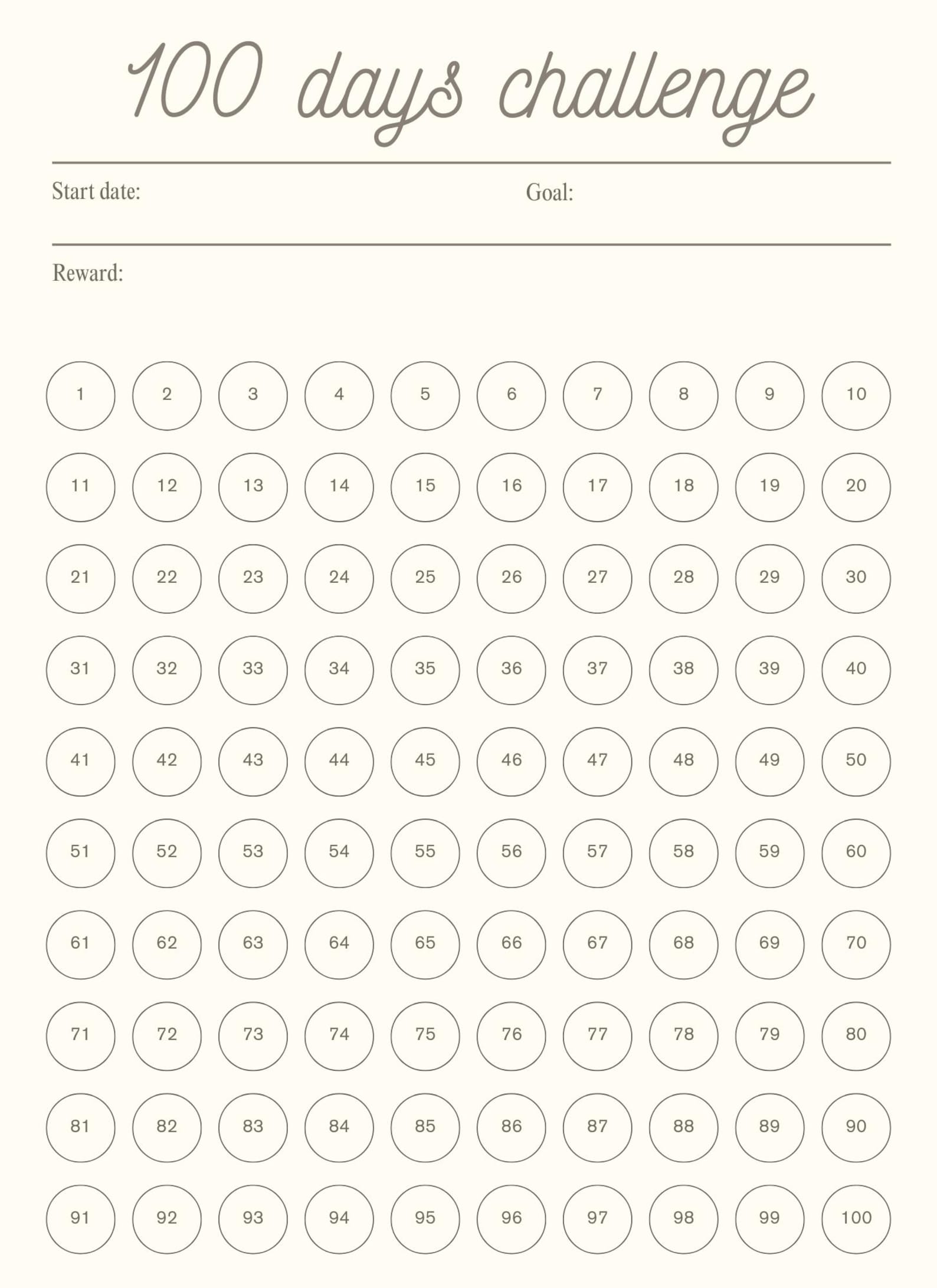 100 Day Challenge Tracker – Printable Goal Sheet | Habit Building ...