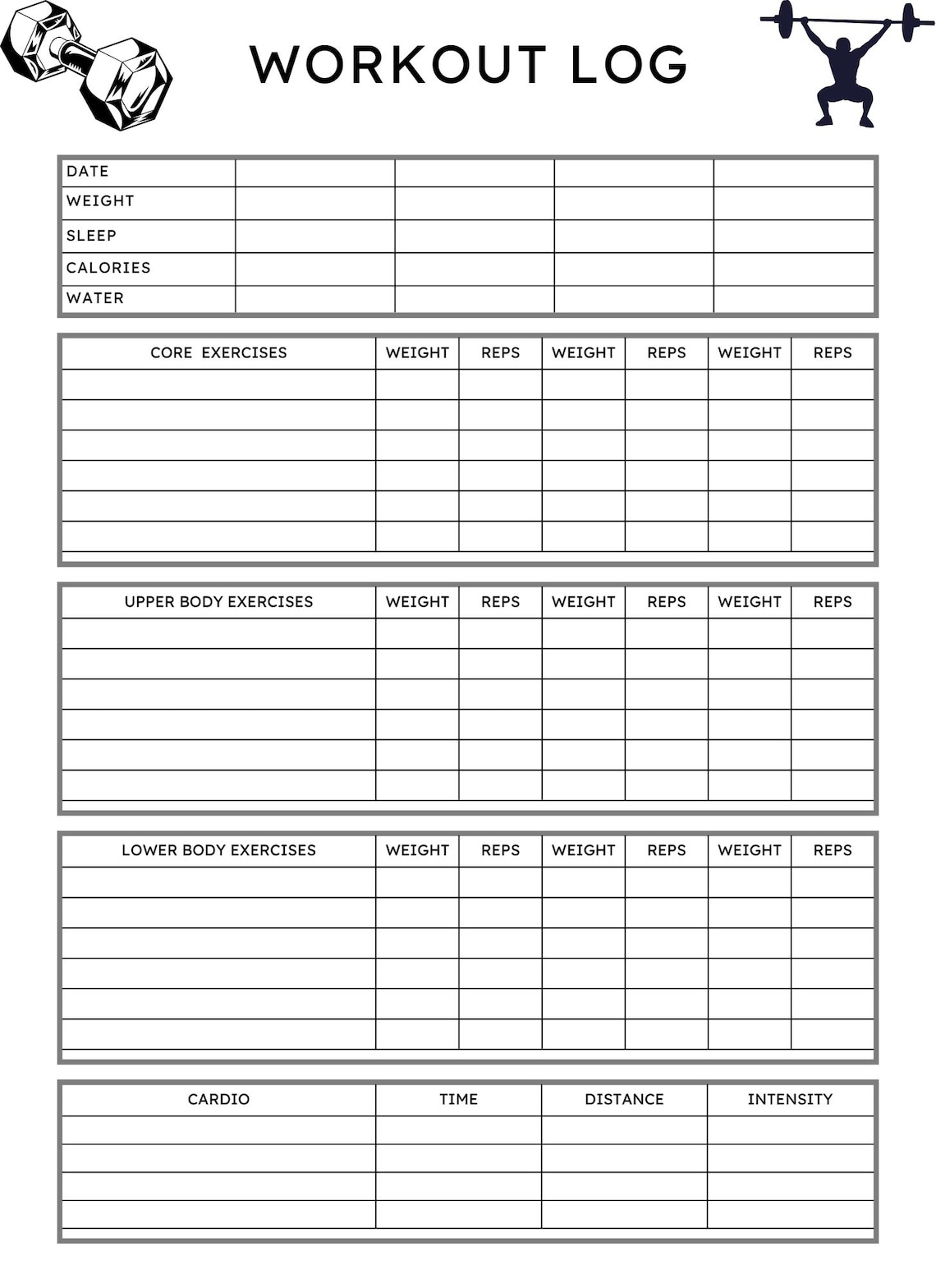 Workout Log – Printable Daily Fitness Tracker | Clean Black and White ...
