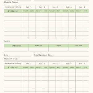 May include: A beige workout log with the text "WORKOUT LOG" at the top. The log includes sections for date, muscle group, resistance training, and cardio exercises. It has spaces to record weight, reps, duration, speed, and distance.