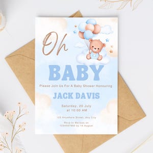Oh Baby Boy Shower Invitation | Bear with Balloon & Clouds | Blue Baby Shower Invite | Editable Digital Template | Printable Download